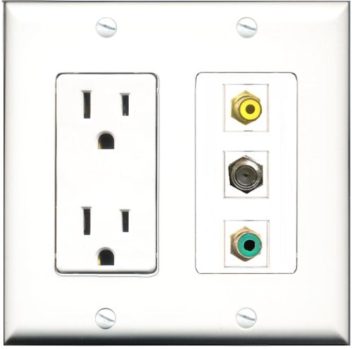 RiteAV - 15 Amp Power Outlet 1 Port RCA Yellow 1 Port RCA Green 1 Port Coax Decorative Wall Plate