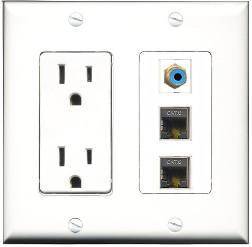 RiteAV - 15 Amp Power Outlet 1 Port RCA Blue 2 Port Shielded Cat6 Ethernet Ethernet Decorative Wall Plate