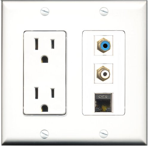 RiteAV - 15 Amp Power Outlet 1 Port RCA White 1 Port RCA Blue 1 Port Shielded Cat6 Ethernet Ethernet Decorative Wall Plate