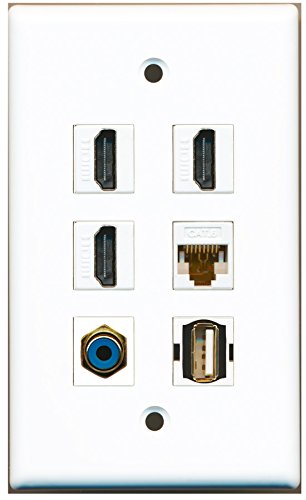 RiteAV - 3 HDMI 1 Port RCA Blue 1 Port USB A-A 1 Port Cat6 Ethernet White Wall Plate