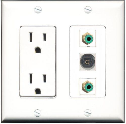 RiteAV - 15 Amp Power Outlet 2 Port RCA Green 1 Port Toslink Decorative Wall Plate