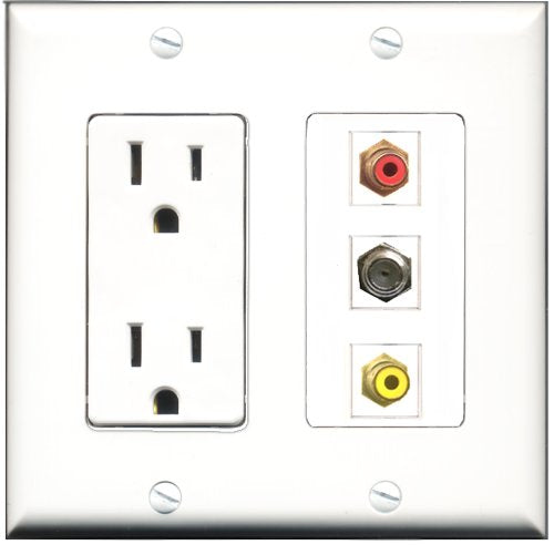 RiteAV - 15 Amp Power Outlet 1 Port RCA Red 1 Port RCA Yellow 1 Port Coax Decorative Wall Plate