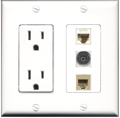 RiteAV - 15 Amp Power Outlet 1 Port Phone Beige 1 Port Toslink 1 Port Cat6 Ethernet Ethernet White Decorative Wall Plate