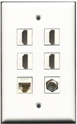 RiteAV - 4 Port HDMI 1 Coax Cable TV- F-Type 1 Cat6 Ethernet White Wall Plate