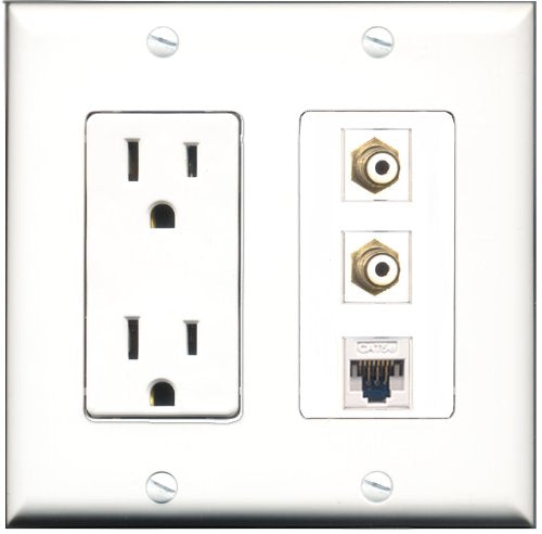 RiteAV - 15 Amp Power Outlet 2 Port RCA White 1 Port Cat5e Ethernet White Decorative Wall Plate
