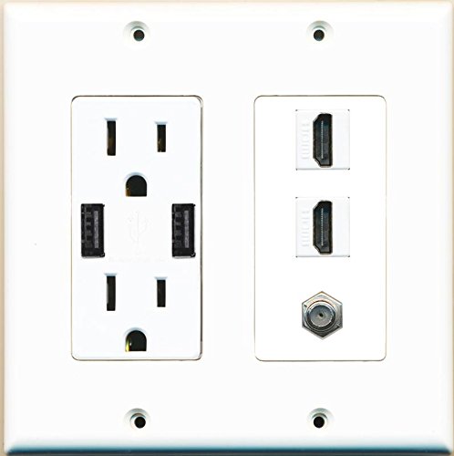 RiteAV 15 Amp 125V Power Outlet (2 Powered USB Charger Receptacle) 2 Hdmi Coax Wall Plate White