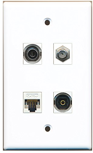 RiteAV - 1 Port Coax Cable TV- F-Type 1 Port Toslink 1 Port 3.5mm 1 Port Cat5e Ethernet White Wall Plate