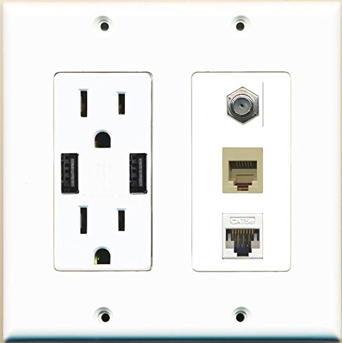 RiteAV Power Outlet 2 USB Charger Coax Cat5E Rj11/12 Beige Wall Plate White
