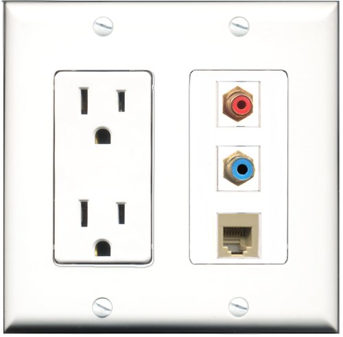 RiteAV - 15 Amp Power Outlet 1 Port RCA Red 1 Port RCA Blue 1 Port Phone Beige Decorative Wall Plate