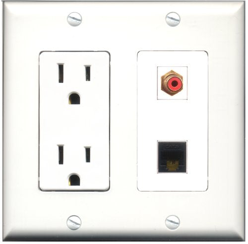 RiteAV - 15 Amp Power Outlet and 1 Port RCA Red and 1 Port Cat6 Ethernet Black Decorative Type Wall Plate White
