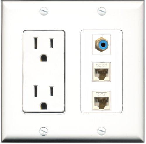 RiteAV - 15 Amp Power Outlet 1 Port RCA Blue 2 Port Cat6 Ethernet Ethernet White Decorative Wall Plate