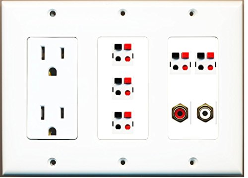 RiteAV - (3 Gang) 15A Power Outlet RCA Red RCA White 5 Speaker Jack Wall Plate White