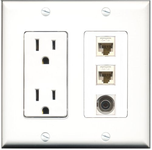 RiteAV - 15 Amp Power Outlet 1 Port 3.5mm 2 Port Cat6 Ethernet Ethernet White Decorative Wall Plate