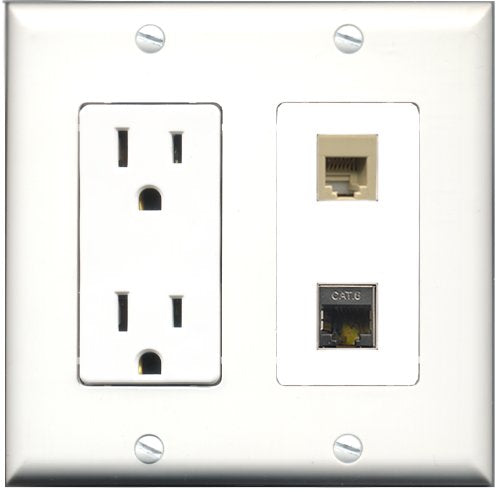 RiteAV - 15 Amp Power Outlet and 1 Port Phone RJ11 RJ12 Beige and 1 Port Shielded Cat6 Ethernet Decorative Type Wall Plate White