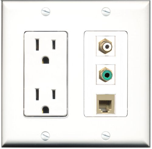 RiteAV - 15 Amp Power Outlet 1 Port RCA White 1 Port RCA Green 1 Port Phone Beige Decorative Wall Plate