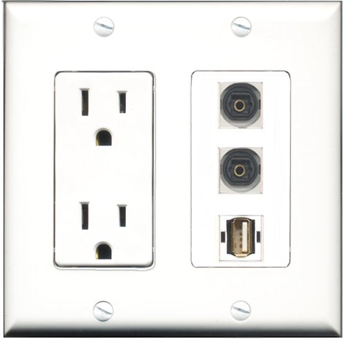 RiteAV - 15 Amp Power Outlet 1 Port USB A-A 2 Port Toslink Decorative Wall Plate