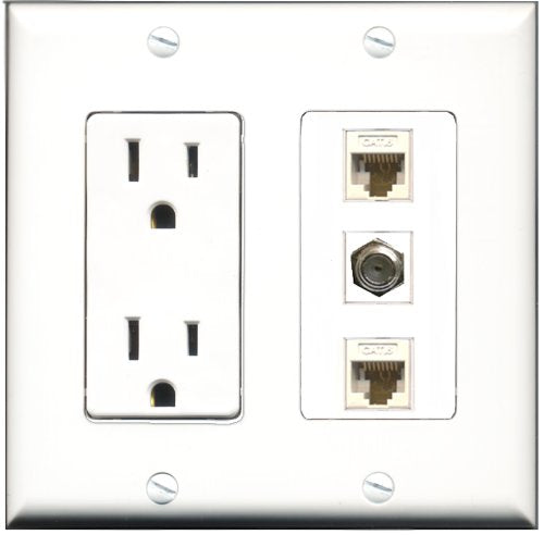 RiteAV - 15 Amp Power Outlet 1 Port Coax 2 Port Cat6 Ethernet Ethernet White Decorative Wall Plate