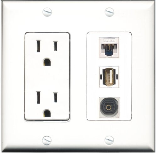 RiteAV - 15 Amp Power Outlet 1 Port USB A-A 1 Port Toslink 1 Port Cat5e Ethernet White Decorative Wall Plate