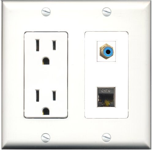 RiteAV - 15 Amp Power Outlet and 1 Port RCA Blue and 1 Port Shielded Cat6 Ethernet Decorative Type Wall Plate White
