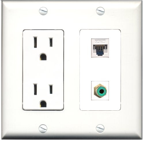 RiteAV - 15 Amp Power Outlet and 1 Port RCA Green and 1 Port Cat5e Ethernet White Decorative Type Wall Plate White
