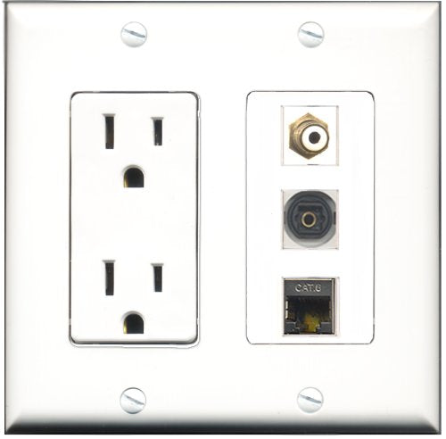 RiteAV - 15 Amp Power Outlet 1 Port RCA White 1 Port Shielded Cat6 Ethernet Ethernet 1 Port Toslink Decorative Wall Plate