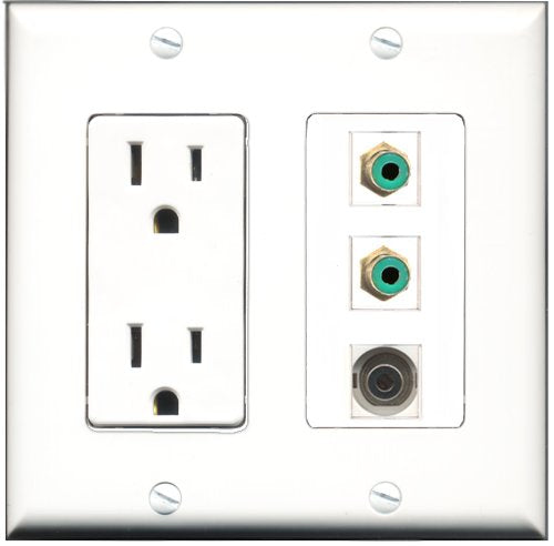 RiteAV - 15 Amp Power Outlet 2 Port RCA Green 1 Port 3.5mm Decorative Wall Plate
