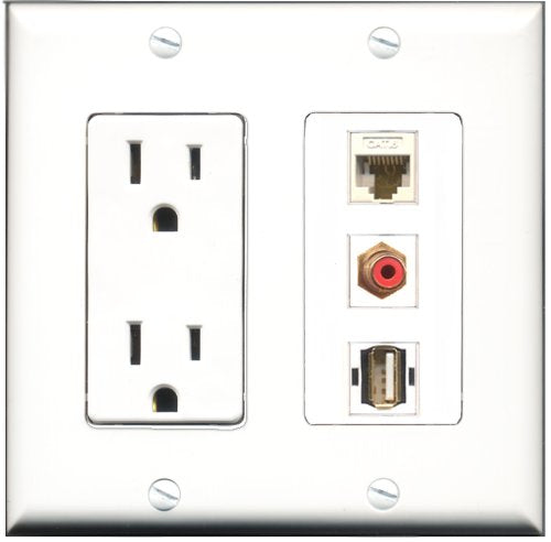 RiteAV - 15 Amp Power Outlet 1 Port RCA Red 1 Port USB A-A 1 Port Cat6 Ethernet Ethernet White Decorative Wall Plate