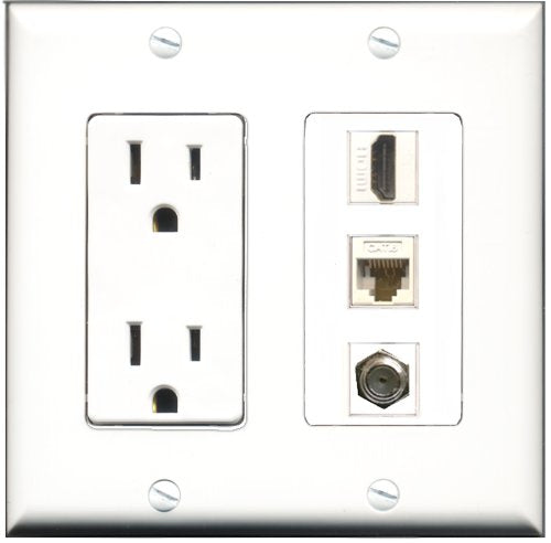 RiteAV - 15 Amp Power Outlet 1 Port HDMI 1 Port Coax 1 Port Cat6 Ethernet Ethernet White Decorative Wall Plate