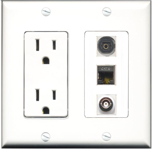 RiteAV - 15 Amp Power Outlet 1 Port Shielded Cat6 Ethernet Ethernet 1 Port Toslink 1 Port BNC Decorative Wall Plate