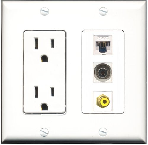 RiteAV - 15 Amp Power Outlet 1 Port RCA Yellow 1 Port 3.5mm 1 Port Cat5e Ethernet White Decorative Wall Plate