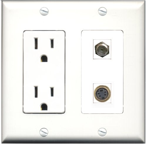 RiteAV - 15 Amp Power Outlet and 1 Port Coax Cable TV- F-Type and 1 Port S-Video Decorative Type Wall Plate White