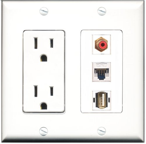 RiteAV - 15 Amp Power Outlet 1 Port RCA Red 1 Port USB A-A 1 Port Cat5e Ethernet White Decorative Wall Plate