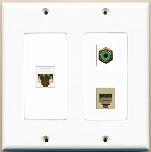 RiteAV - 1 Port RCA Green 1 Port Phone RJ11 RJ12 Beige 1 Port Cat6 Ethernet White - 2 Gang Wall Plate
