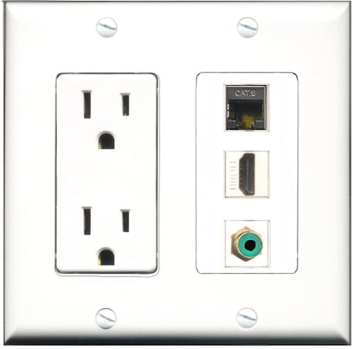 RiteAV - 15 Amp Power Outlet 1 Port HDMI 1 Port RCA Green 1 Port Shielded Cat6 Ethernet Ethernet Decorative Wall Plate