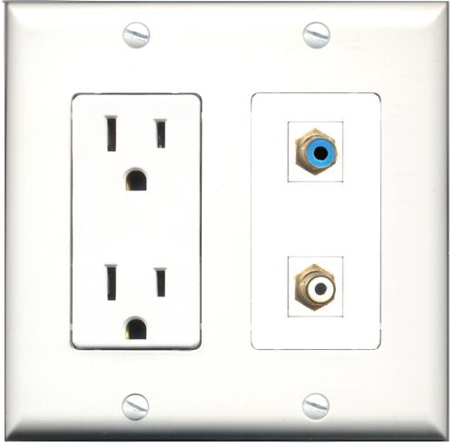 RiteAV - 15 Amp Power Outlet and 1 Port RCA White and 1 Port RCA Blue Decorative Type Wall Plate White