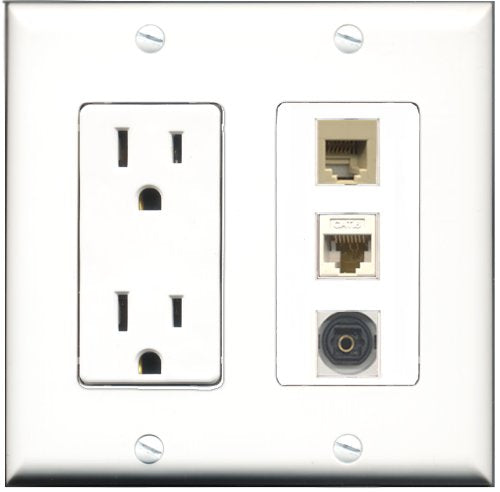RiteAV - 15 Amp Power Outlet 1 Port Phone Beige 1 Port Toslink 1 Port Cat6 Ethernet Ethernet White Decorative Wall Plate