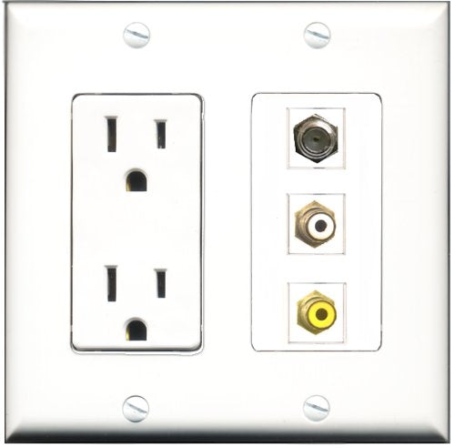 RiteAV - 15 Amp Power Outlet 1 Port RCA White 1 Port RCA Yellow 1 Port Coax Decorative Wall Plate