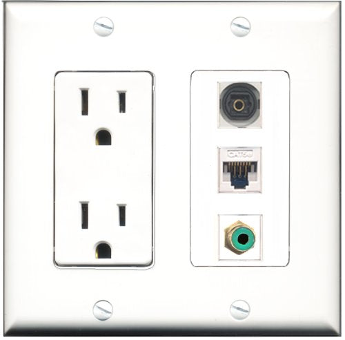 RiteAV - 15 Amp Power Outlet 1 Port RCA Green 1 Port Toslink 1 Port Cat5e Ethernet White Decorative Wall Plate