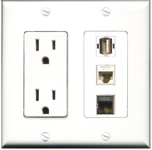 RiteAV - 15 Amp Power Outlet 1 Port USB A-A 1 Port Shielded Cat6 Ethernet Ethernet 1 Port Cat6 Ethernet Ethernet White Decorative Wall Plate