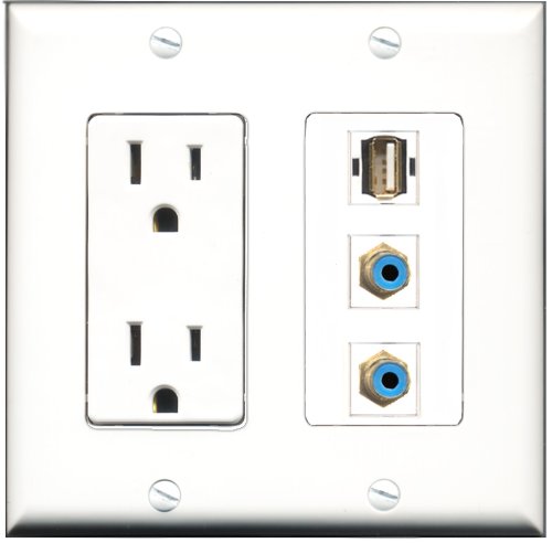 RiteAV - 15 Amp Power Outlet 2 Port RCA Blue 1 Port USB A-A Decorative Wall Plate