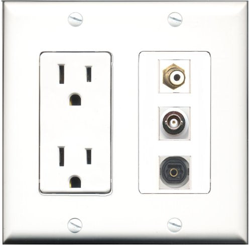 RiteAV - 15 Amp Power Outlet 1 Port RCA White 1 Port Toslink 1 Port BNC Decorative Wall Plate