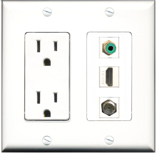 RiteAV - 15 Amp Power Outlet 1 Port HDMI 1 Port RCA Green 1 Port Coax Decorative Wall Plate