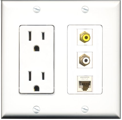 RiteAV - 15 Amp Power Outlet 1 Port RCA White 1 Port RCA Yellow 1 Port Cat6 Ethernet Ethernet White Decorative Wall Plate