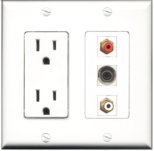RiteAV - 15 Amp Power Outlet 1 Port RCA Red 1 Port RCA White 1 Port 3.5mm Decorative Wall Plate