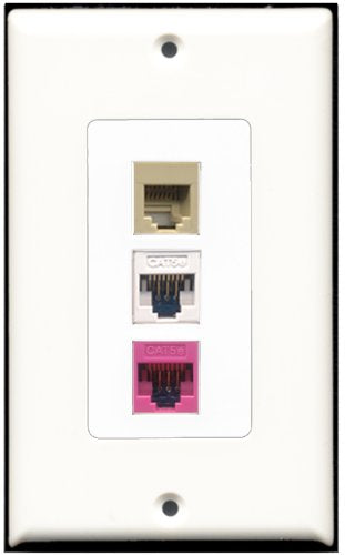 RiteAV - 1 Port Phone RJ11 RJ12 Beige 1 Cat5e Ethernet White 1 Cat5e Ethernet Pink Wall Plate Decorative