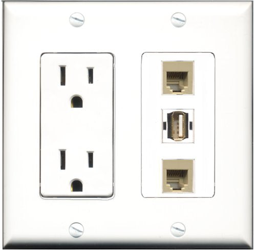 RiteAV - 15 Amp Power Outlet 1 Port USB A-A 2 Port Phone Beige Decorative Wall Plate