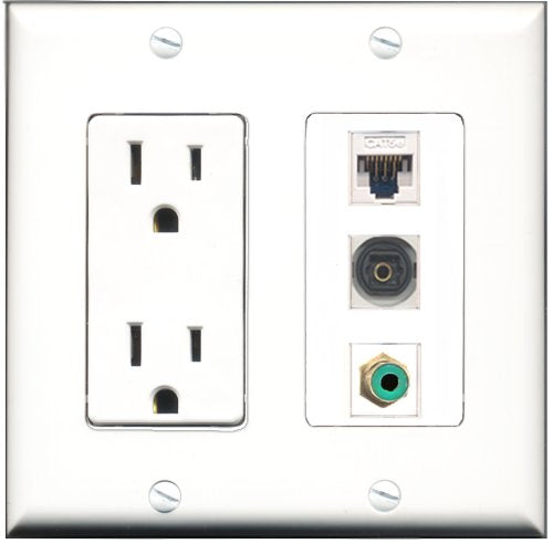 RiteAV - 15 Amp Power Outlet 1 Port RCA Green 1 Port Toslink 1 Port Cat5e Ethernet White Decorative Wall Plate