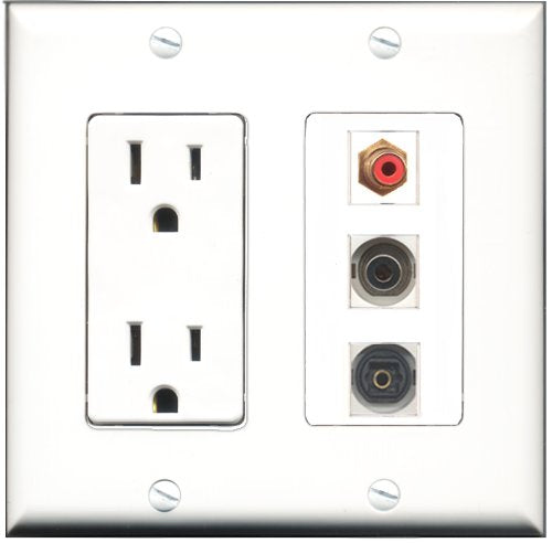 RiteAV - 15 Amp Power Outlet 1 Port RCA Red 1 Port Toslink 1 Port 3.5mm Decorative Wall Plate