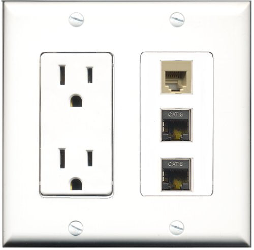 RiteAV - 15 Amp Power Outlet 1 Port Phone Beige 2 Port Shielded Cat6 Ethernet Ethernet Decorative Wall Plate