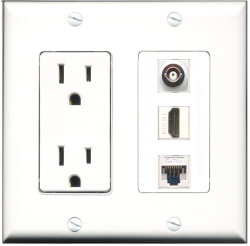 RiteAV - 15 Amp Power Outlet 1 Port HDMI 1 Port BNC 1 Port Cat5e Ethernet White Decorative Wall Plate